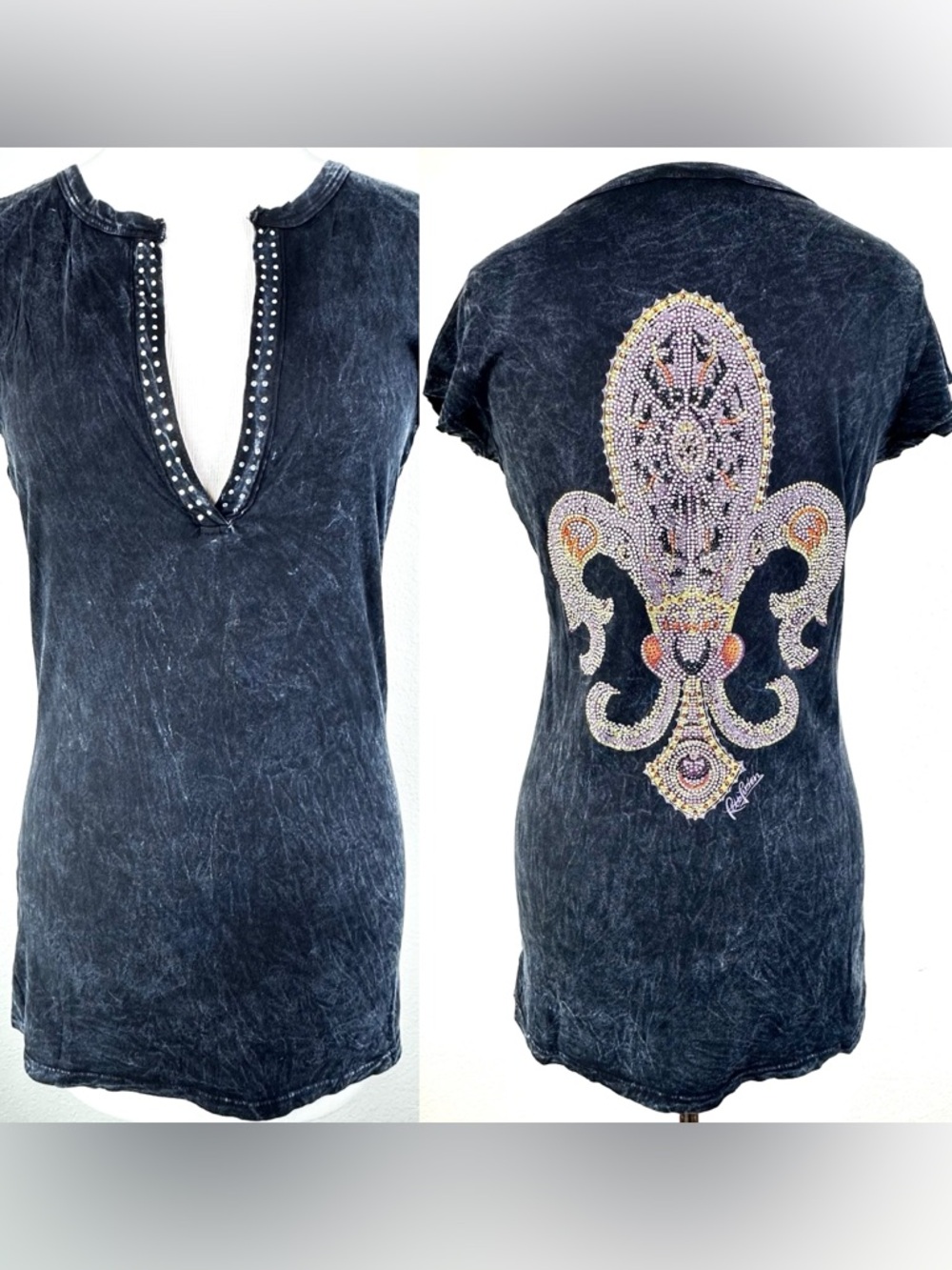 Boston‎ Proper Y2K Rhinestone Fleur De Lis Acid Wash Tee Size S Made in USA